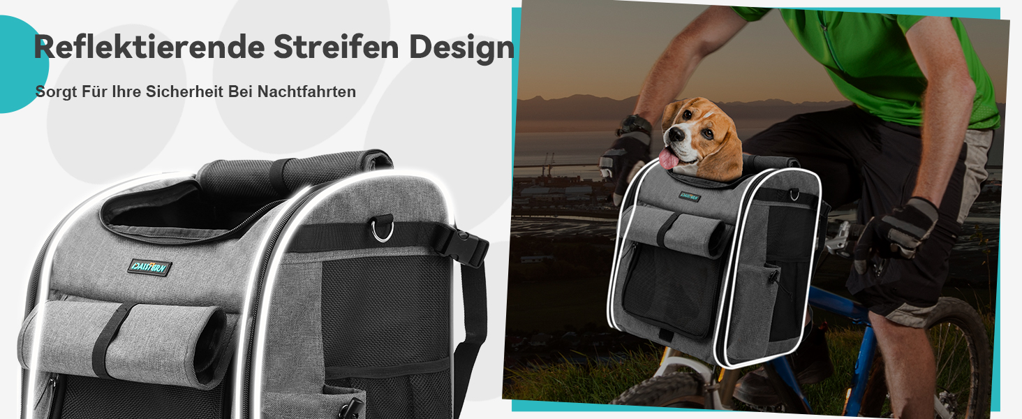 Корзина для собак на велосипед, до 10 кг, складана, дихаюча, 4-в-1 (рюкзак, сумка на плече, автокрісло), міцна L-подібна кріплення Φ55mm, зручна подушка, світловідбиваючі смуги