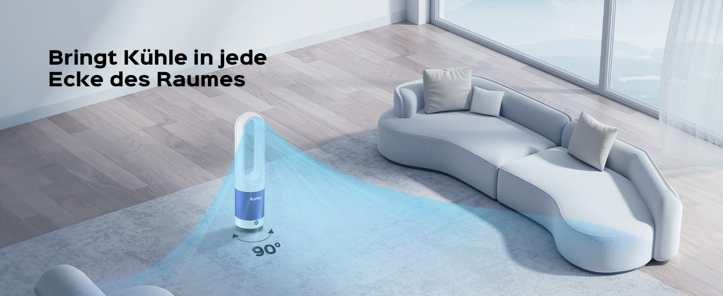 Турбовентилятор IcyAir без лопатей з пультом, 35 дБ, осциляція 90°, 8 швидкостей, таймер 9 годин, захист від дітей, LED-дисплей, тихий вентилятор для спальні, легко чистити, білий + сріблястий (білий + блакитний)