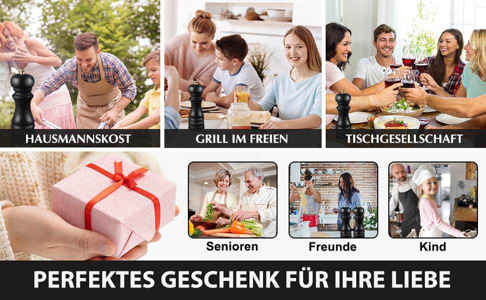 Набір для солі та перцю, ручні млини для перцю та солі, чорний колір, дерев'яні, з регульованою керамічною жорною (від дрібного до грубого помелу), 6,5 дюймів, для морської солі, чилі, грубої солі, матовий чорний, 2 шт.