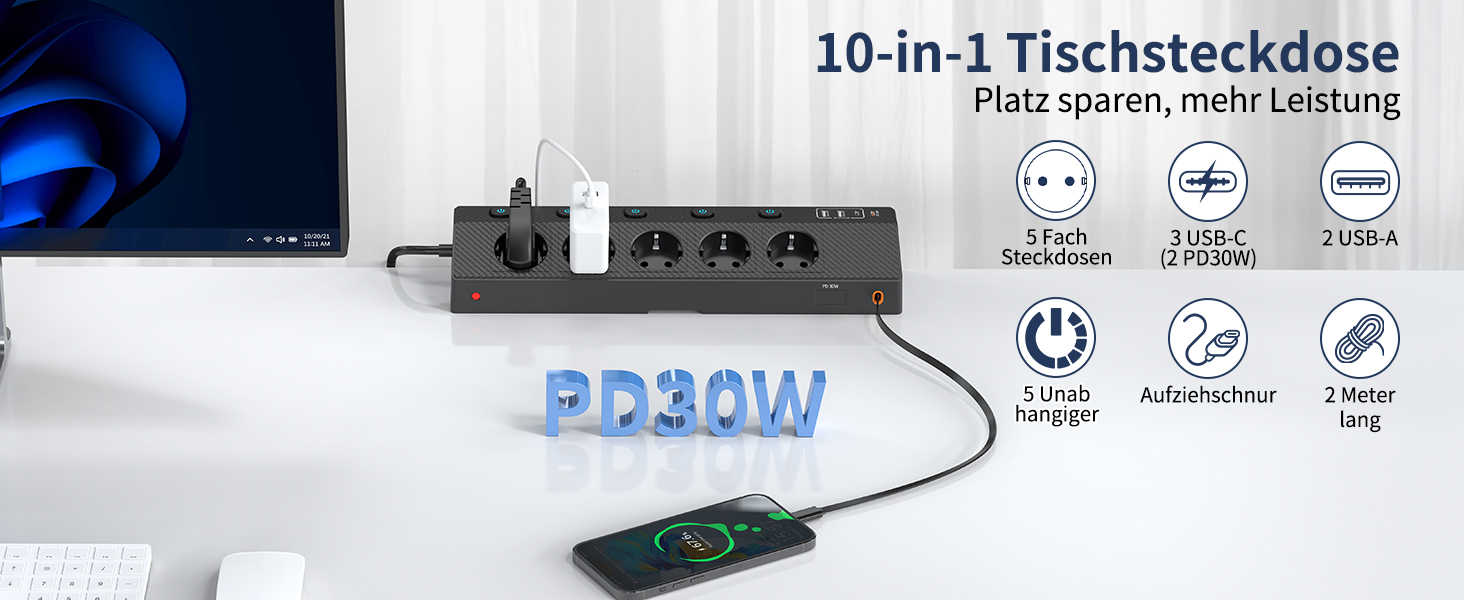 Настільний мережевий фільтр з 5 розетками та 2 USB-C (PD 30W), подовжувач з вимикачем, 4000W, кабель 2м, чорний