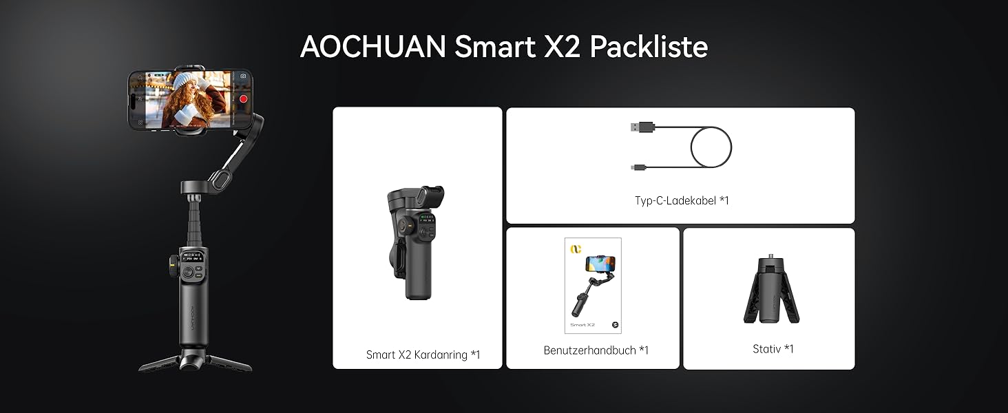 Стабілізатор для смартфона AOCHUAN X2: 3-осьовий гімбал з OLED-дисплеєм та 7.8-дюймовою штангою, чорний