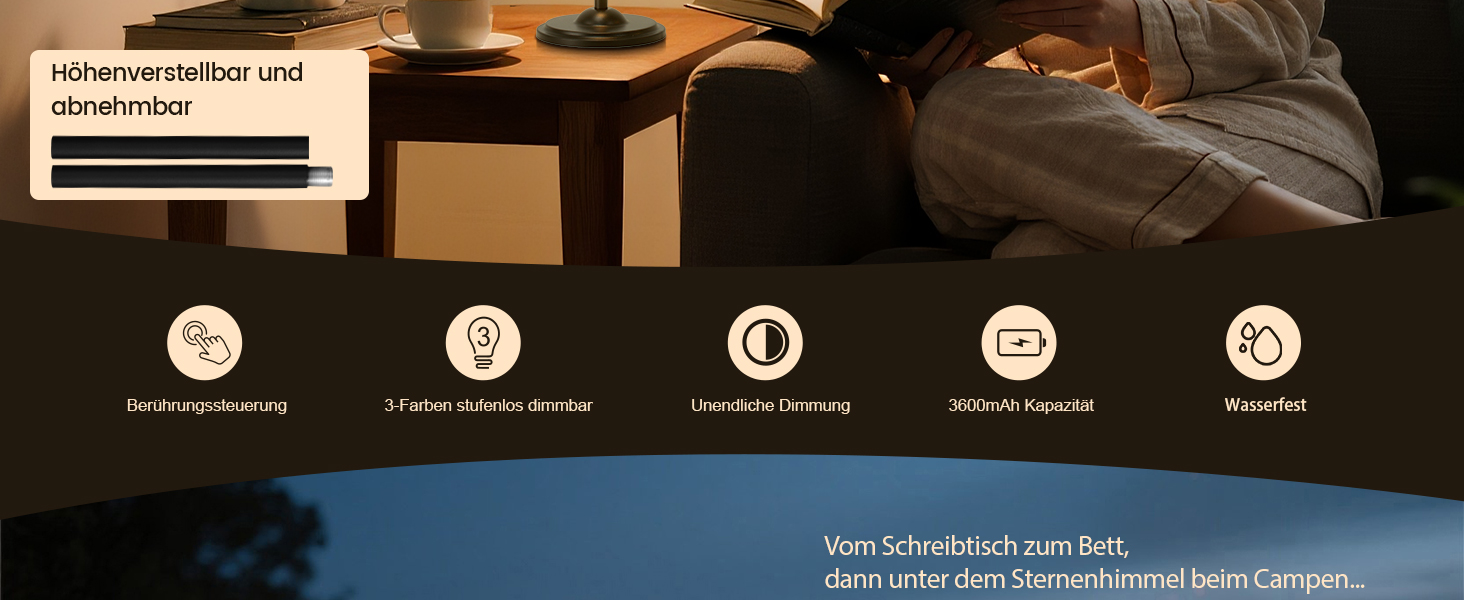 Світлодіодна настільна лампа бездротова з регулюванням висоти, USB-C нічник з 3 режимами освітлення та димером, портативна металева акумуляторна лампа для вітальні, спальні та вулиці (Чорна)