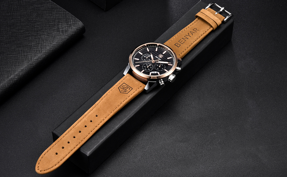 Годинник чоловічий Benyар з кварцовим механізмом, хронограф, водонепроникний, з нержавіючої сталі, стильний аксесуар для бізнесу, спорту та відпочинку (колір: коричневий, золотий, чорний)
