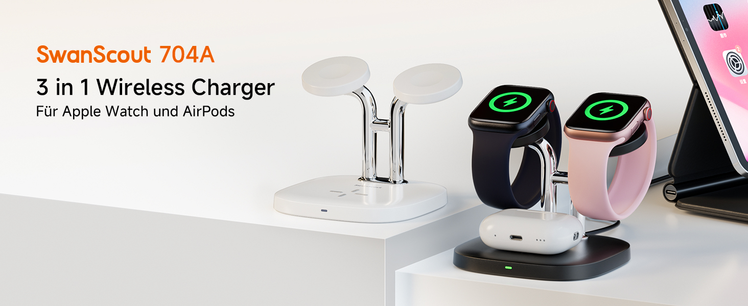 Зарядний пристрій SwanScout для Apple Watch 10/Ultra/9/8/7/6 та AirPods Pro (704A, 3.3W, чорний)