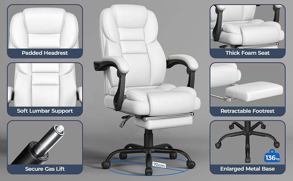 Ергономічне крісло Yaheetech для офісу, шезлонг з підставкою для ніг, комп'ютерне крісло з регульованими підлокітниками, висока спинка, регульована висота (Білий)