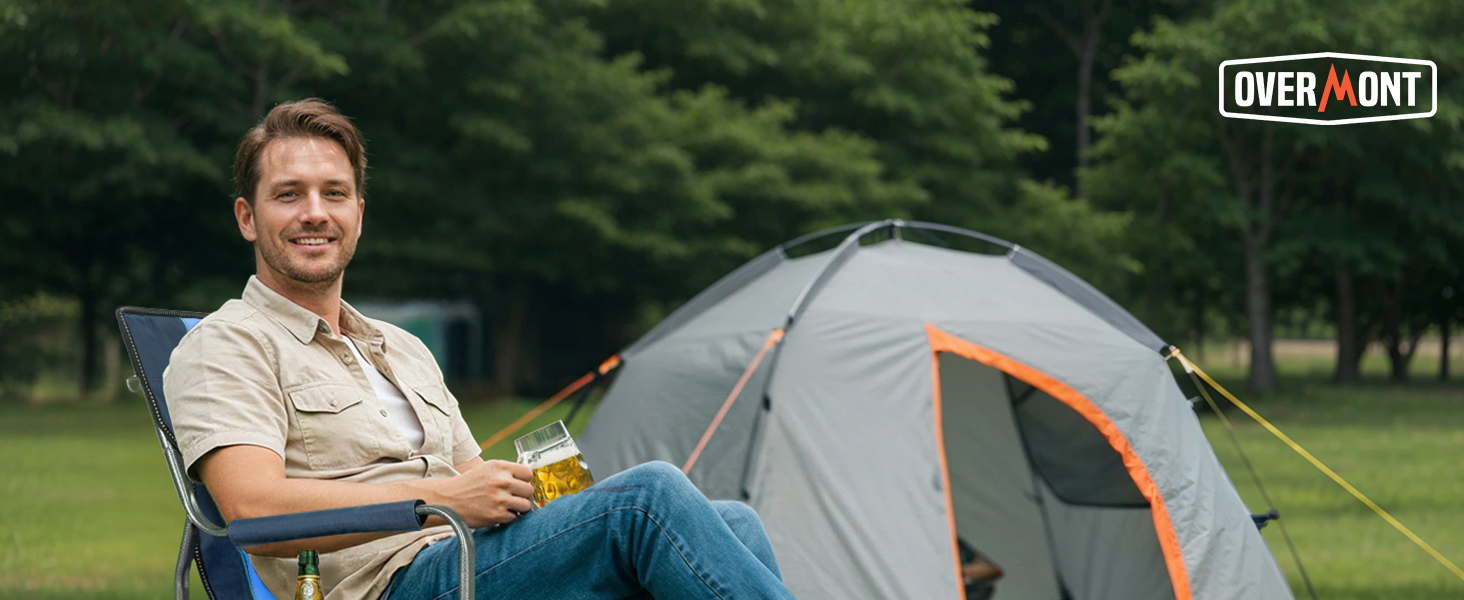 Кемпінговий стілець OVERMONT складний з бічним столиком та охолоджувальною сумкою, до 180 кг, синій