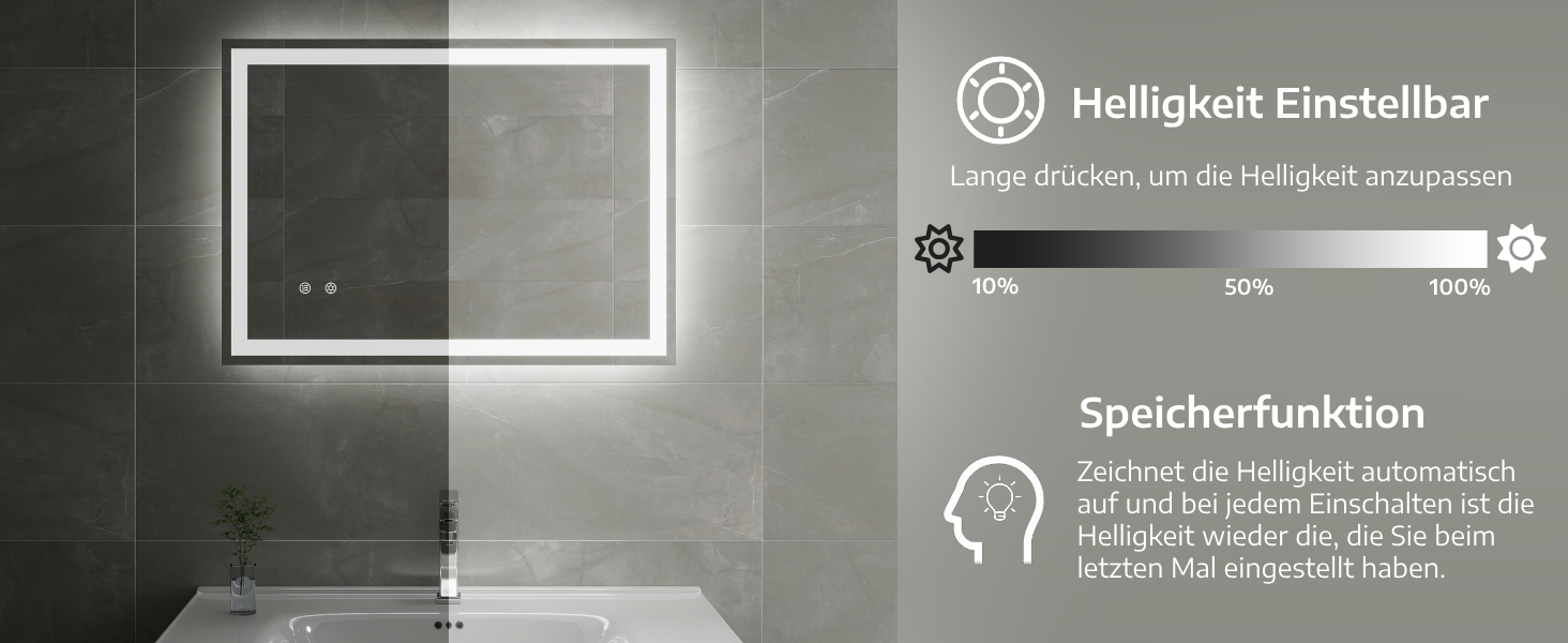 Дзеркало для ванної кімнати Clevich з підсвічуванням 70x50 см, LED, 3 кольори світла, диммування, загартоване скло, захист від вибуху, сенсорне управління, пам'ять, антизапар, 70L x 50B см