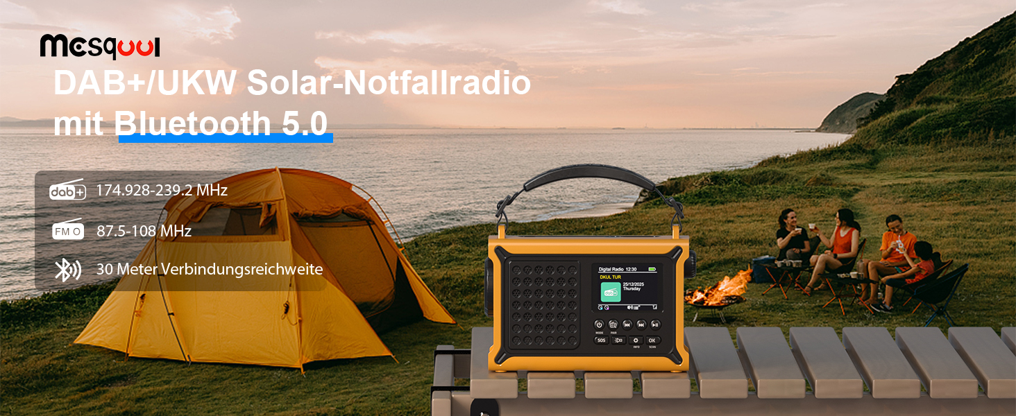Радіоприймач Kurbelradio з DAB/DAB+/UKW, акумулятор 12000mAh, сонячна панель 8500mm², ручне радіо, Bluetooth 5.0, ліхтарик, для кемпінгу, зелений (жовтий)