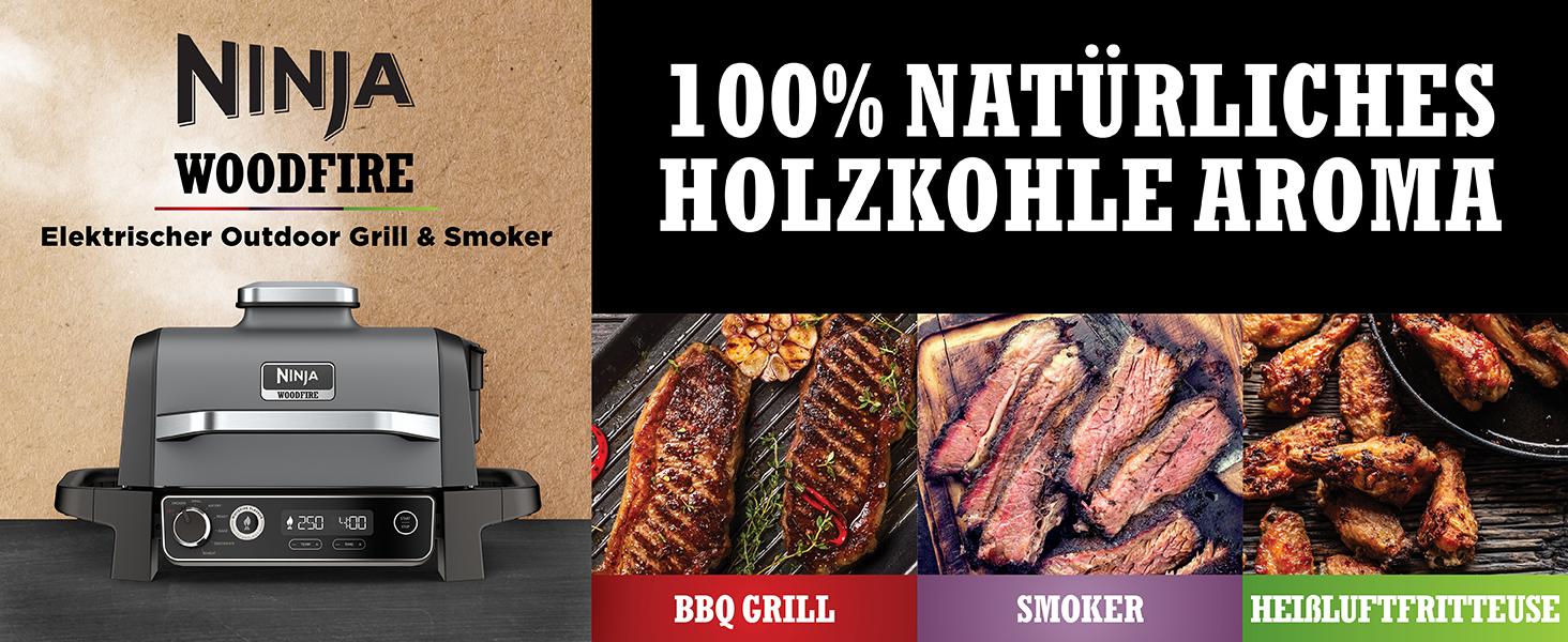 Ninja Woodfire Electric Grill with Smoker & Air Fryer - 7-in-1 Outdoor BBQ Grill - Weatherproof, Non-Stick, Portable - Grey/Black OG701EU