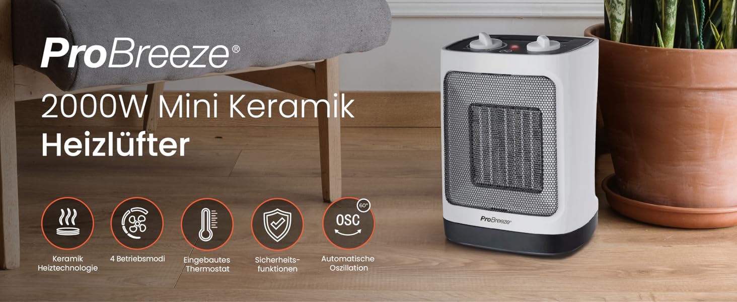 Про Breeze 2000W керамічний міні-нагрівач з автоматичною осциляцією, 2 режими, тихий, для вітальні, офісу, тераси - білий