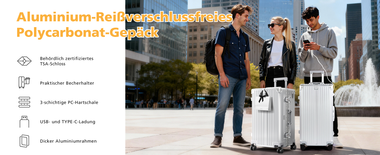 Чемодан ALPHA CAMP Trunk-XL (30 дюймів) з алюмінієвим каркасом та полікарбонатною оболонкою, TSA-замок, 93L, срібний