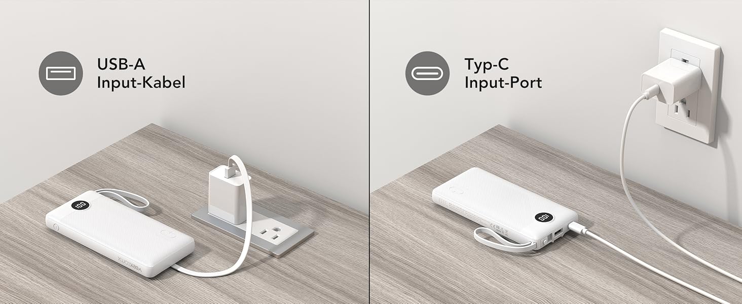 Power Bank 10000mAh з 5 виходами та 2 входами, LED дисплеєм та вбудованими кабелями. Сумісний з iPhone, iPad, Samsung, Xiaomi, Google Pixel.