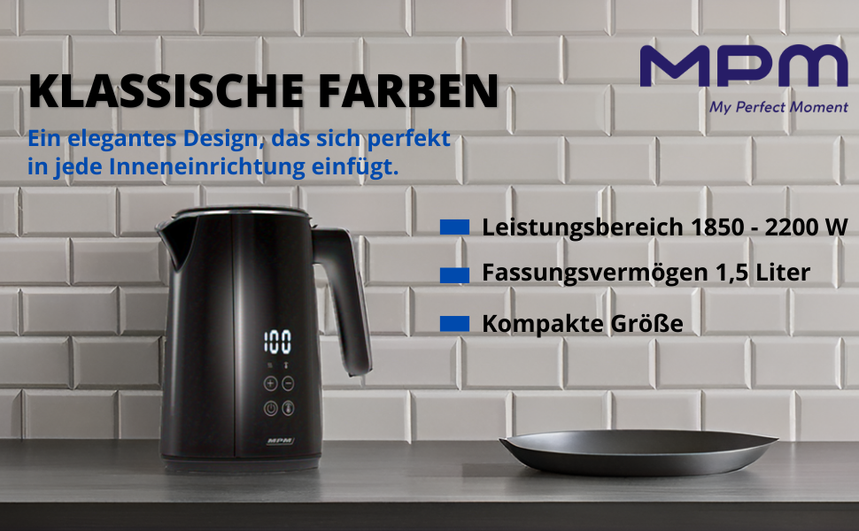 Електричний чайник MPM MCZ-120, 1.5L, з подвійними стінками, регулювання температури 40–100°C, нержавіюча сталь, 2200W, тихий, швидкий, сенсорне управління, легкий, елегантний, білий (чорний)
