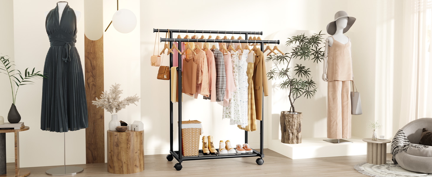 Стійка для одягу на колесах з подвійною перекладиною та сітчастим дном, 98 x 42 x 150 см, Чорний