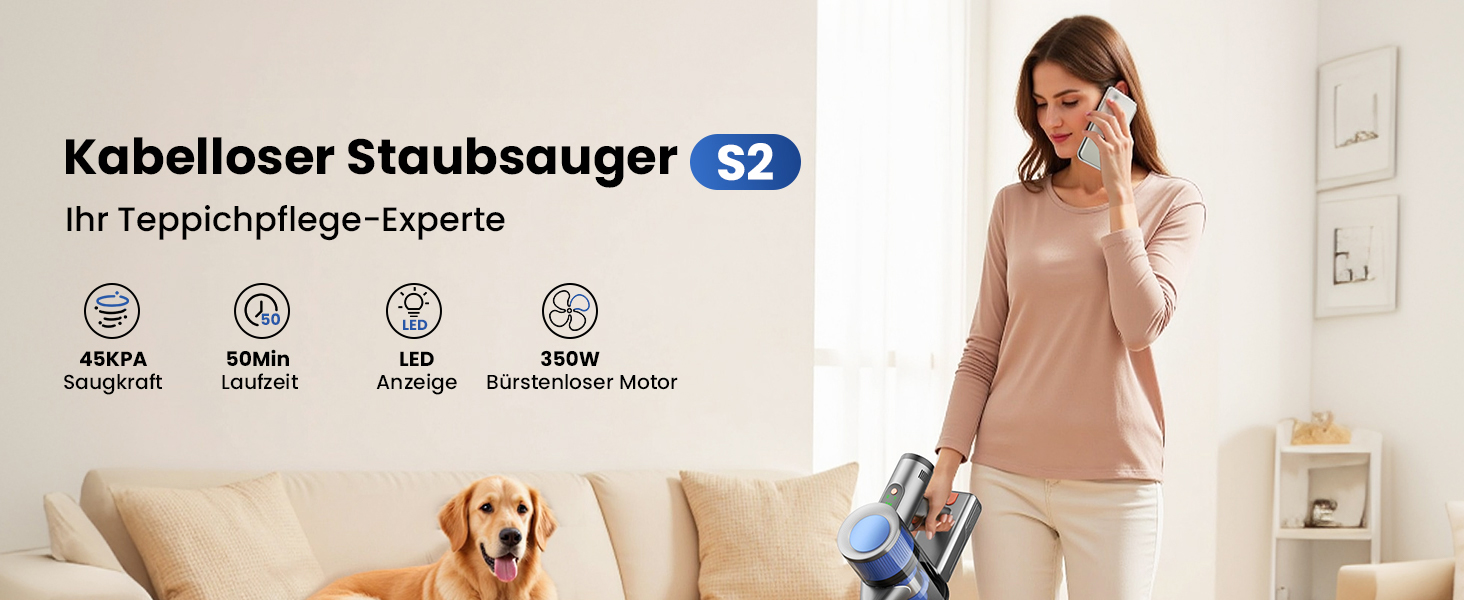 Бездротовий пилосос Dzaki 45000Pa з акумулятором, дисплеєм та антизаплутувальною насадкою для килимів, твердих підлог та шерсті тварин