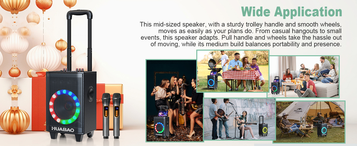 Bluetooth-портативна акустика для караоке з 2 мікрофонами, 11 динаміків, акумулятором 8800mAh, ручкою-тележкою та підсвічуванням. FM/AUX/USB/TF, регулювання басів та високих частот (A113)