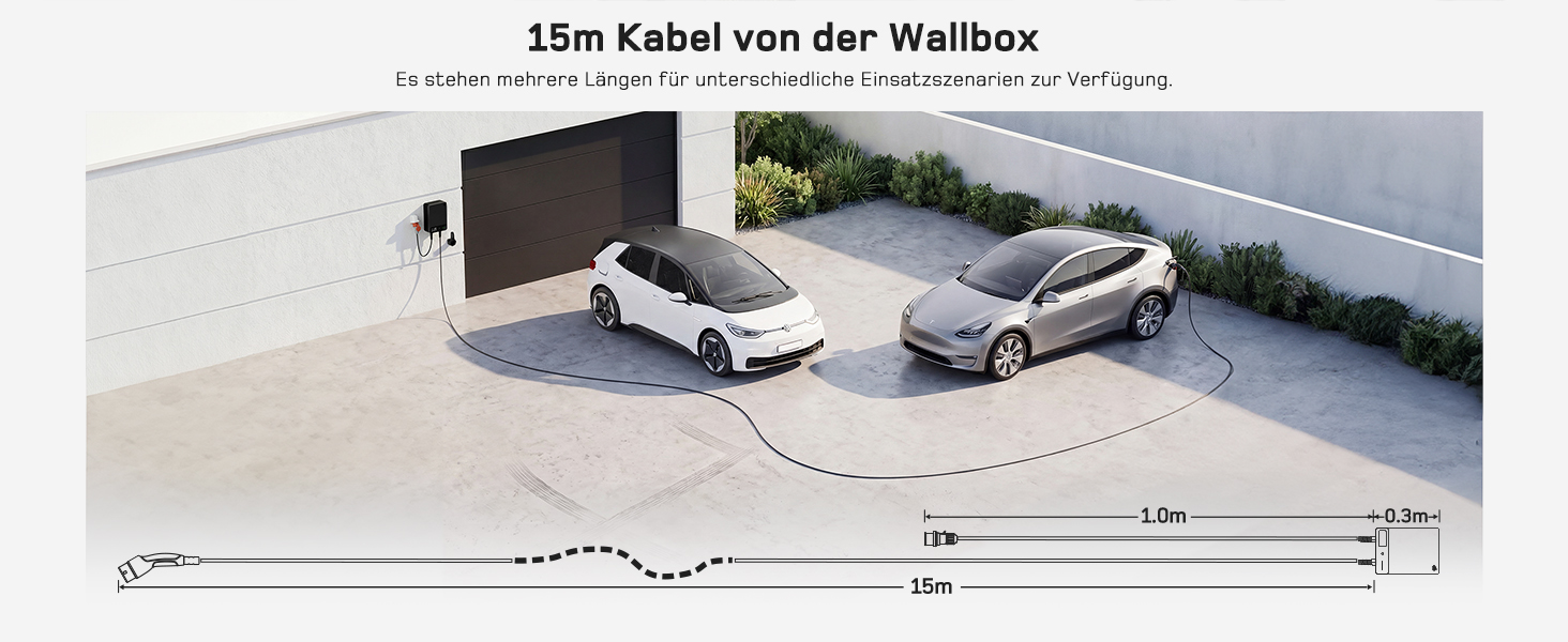 Wallbox 11 кВт з Wi-Fi та кабелем Type 2 7,5м, 3-фазне зарядне для електромобілів (BEV/PHEV), захист RCD Type A 30mA/DC 6mA, IP54, чорний