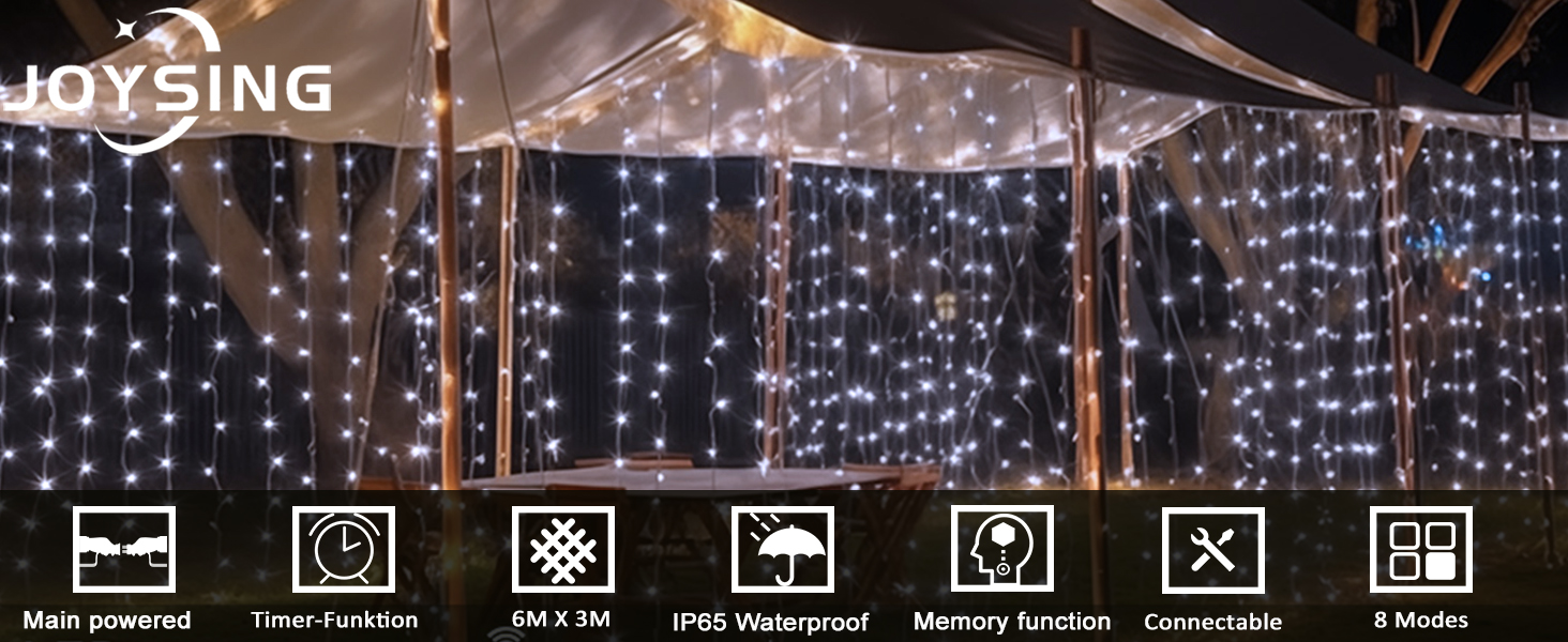 Ламповий завіс 6м x 3м, 600 LED, з вилкою, таймером, 8 режимів, вологостійкий, для вікна, павільйону, саду, різдвяне деко, тепле/холодне світло