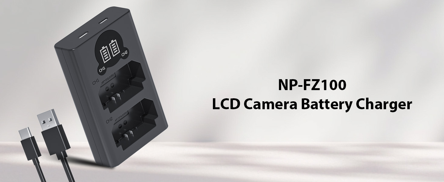 Зарядний пристрій LP NP-FZ100 з LCD-дисплеєм, Dual USB, сумісний з Sony A7iii, A7iv, A7C, A6700, A6600, ZV-E1, ZV-E10ii, FX3, FX30, A9, Alpha 9, Alpha 9S, A9S, A7R3 та A7R4