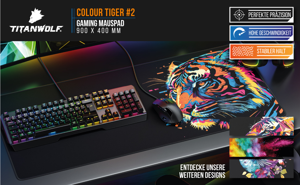 Ігровий килимок для миші CSL XXL Gaming Mousepad (900x400 мм), Alchemy Colour Tiger 2 — великий килимок на весь стіл для Razer, Logitech, Roccat