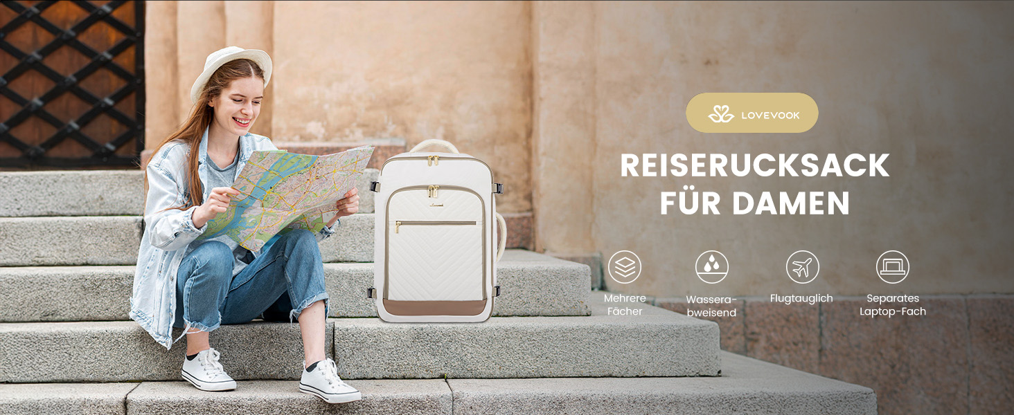 LOVEVOOK Рюкзак для ручної поклажі, 40L, жіночий, для подорожей, великий, водонепроникний, з відділенням для ноутбука 17 дюймів, валіза-рюкзак, для подорожей, роботи, бізнесу, білий, кофейний колір