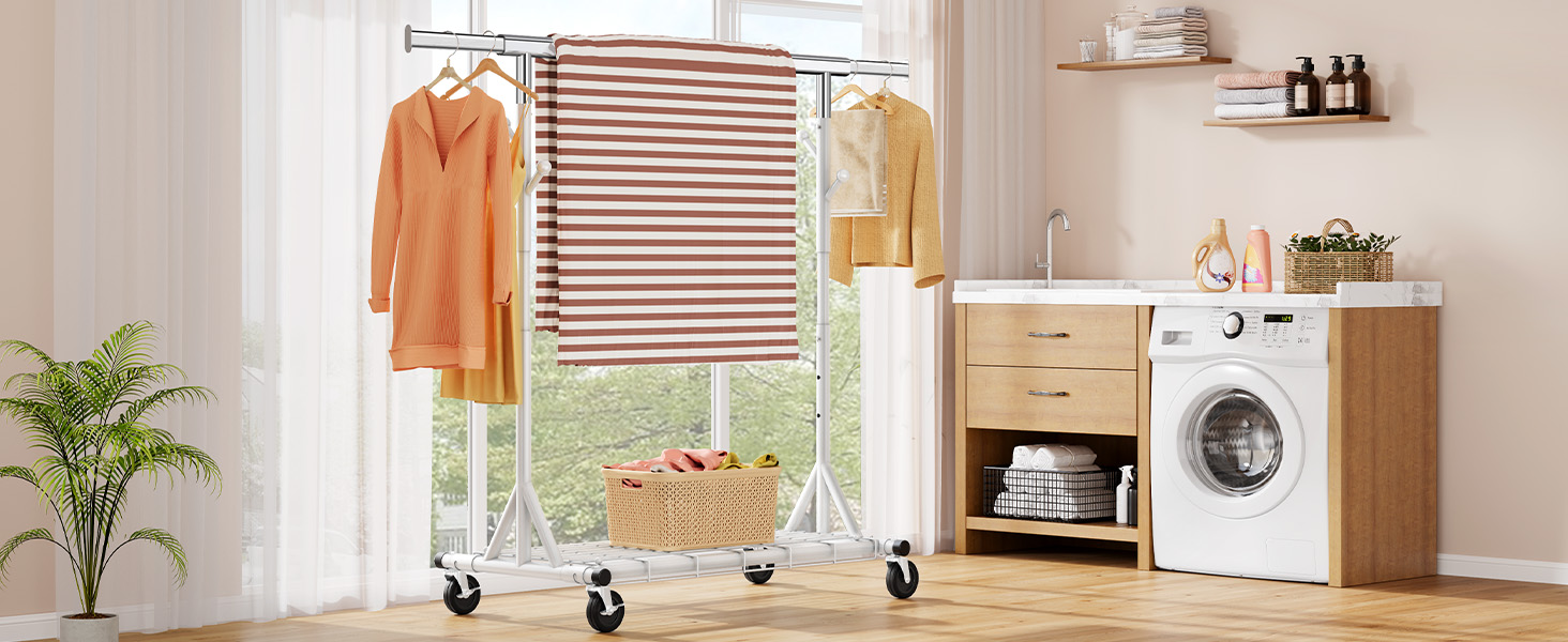 Стійка для одягу на колесах FAVOOOSTY, металева, мобільна, до 200 кг, швидка збірка, білий колір, 1 перекладина