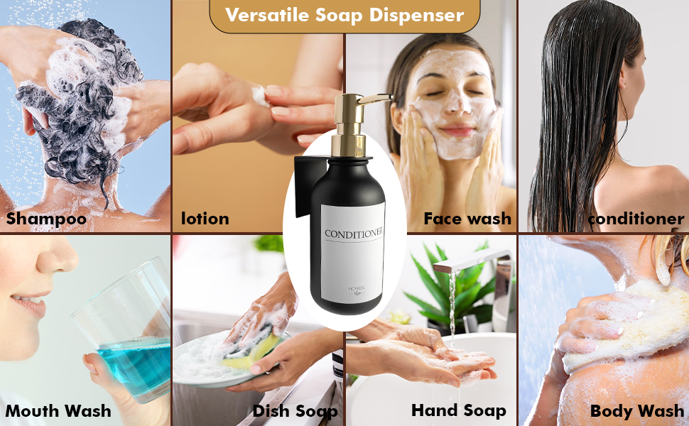 Набір дозаторів для мила та шампуню на стіну, 500 мл, 3 шт., без свердління, янтарний колір (чорна пляшка + золотий насос)