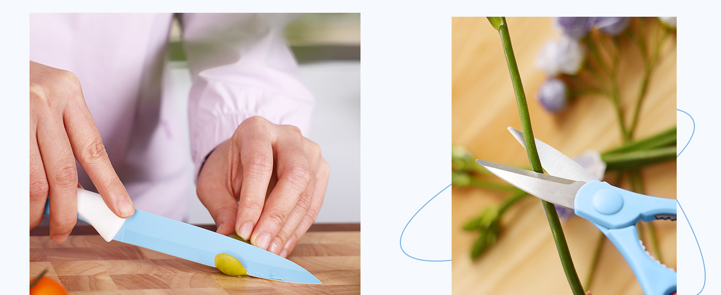 Набір ножів Hecef 14 предметів у блоці, з антипригарним покриттям, для миття в посудомийній машині, самозаточуваний блок, ергономічні ручки, кухонний набір для будь-якої кухні (блакитний)