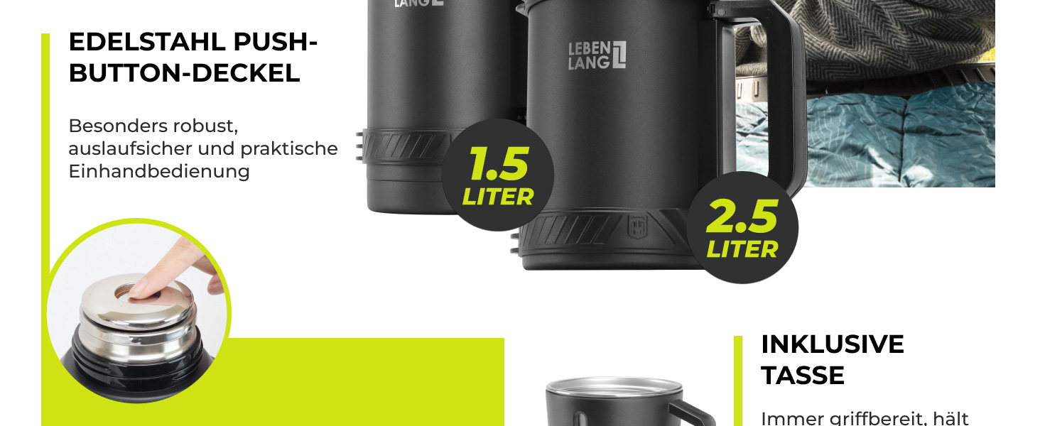 Термос LEBENLANG 2,5 л з чашкою, ситом та ремінцем - 24 год тепла. Термофляшка, термокухоль, фляга з нержавіючої сталі, 2500 мл