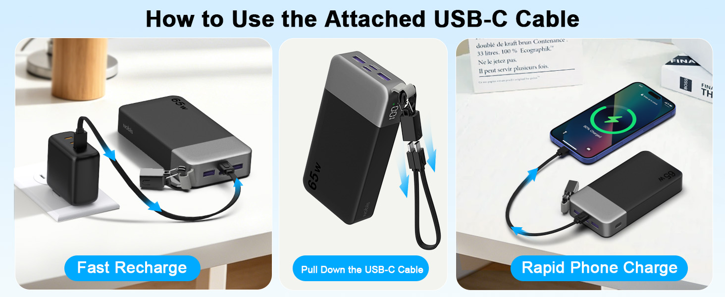 Повербанк NOBIS 20000 mAh 65W з вбудованим кабелем, швидка зарядка, 2x USB-C та 2x USB-A, для ноутбуків, планшетів та смартфонів, чорний