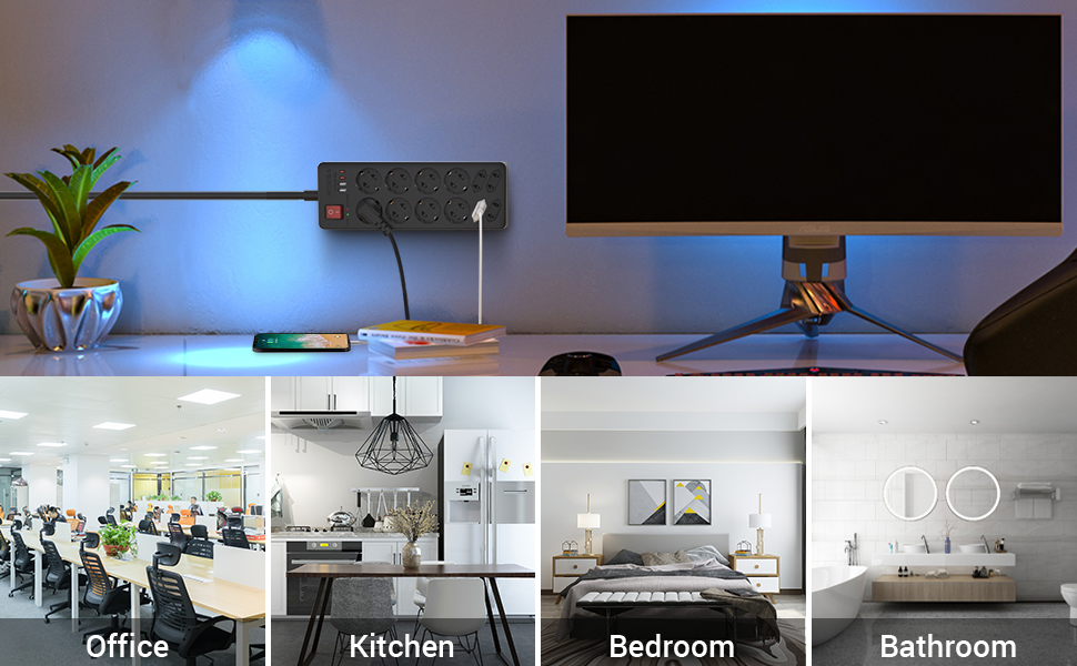 Мережевий фільтр із захистом від перенапруги 10 розеток, USB-C, з вимикачем, 4 USB-порти, 1,5м, чорний (12 розеток)