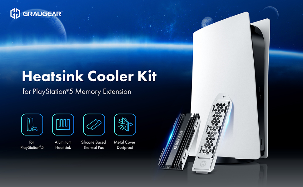 Радіатор охолодження GrauGear для M.2 NVMe SSD, комплект кулера для Playstation 5, PS5 Slim, з теплопровідною кришкою (алюміній) G-PS5HS02