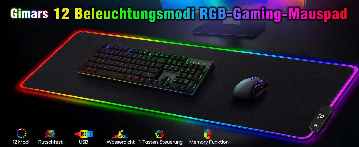 Килимок для миші гімнастичний Gimars RGB, XXL 800x300x5 мм, вологостійкий, з підсвічуванням 12 LED, чорний