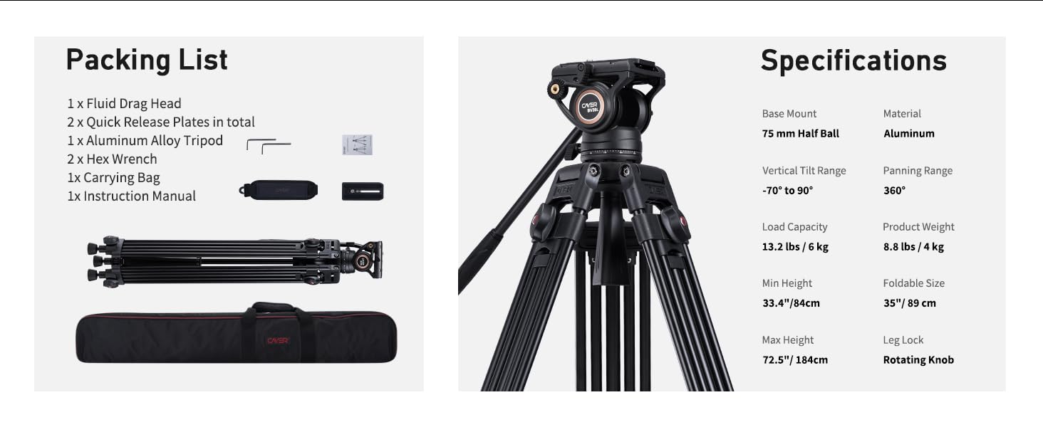 Штатив відео Cayer BV30L 72 дюйми - професійний штатив з алюмінію, рідинний упор K3, середній розвід, 6 кг, для DSLR/відеокамер + бонус Quick Release Plate