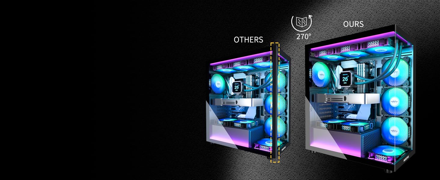 Корпус ПК MUSETEX K2: Mid Tower ATX з 7 PWM ARGB вентиляторами, подвійне панорамне скло, Type-C, чорний (42,5 x 21,2 x 47 см)