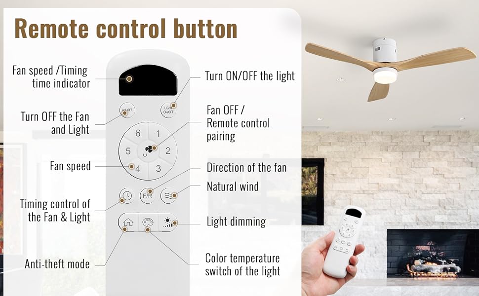 Стеляний вентилятор Sofucor з дистанційним керуванням, дерев'яний з 3 лопатями, 132 см, тихий, 6 швидкостей, таймер, DC двигун, літньо-зимовий режим, для спальні (з підсвічуванням та кріпленням Flush Mount, натуральне дерево)