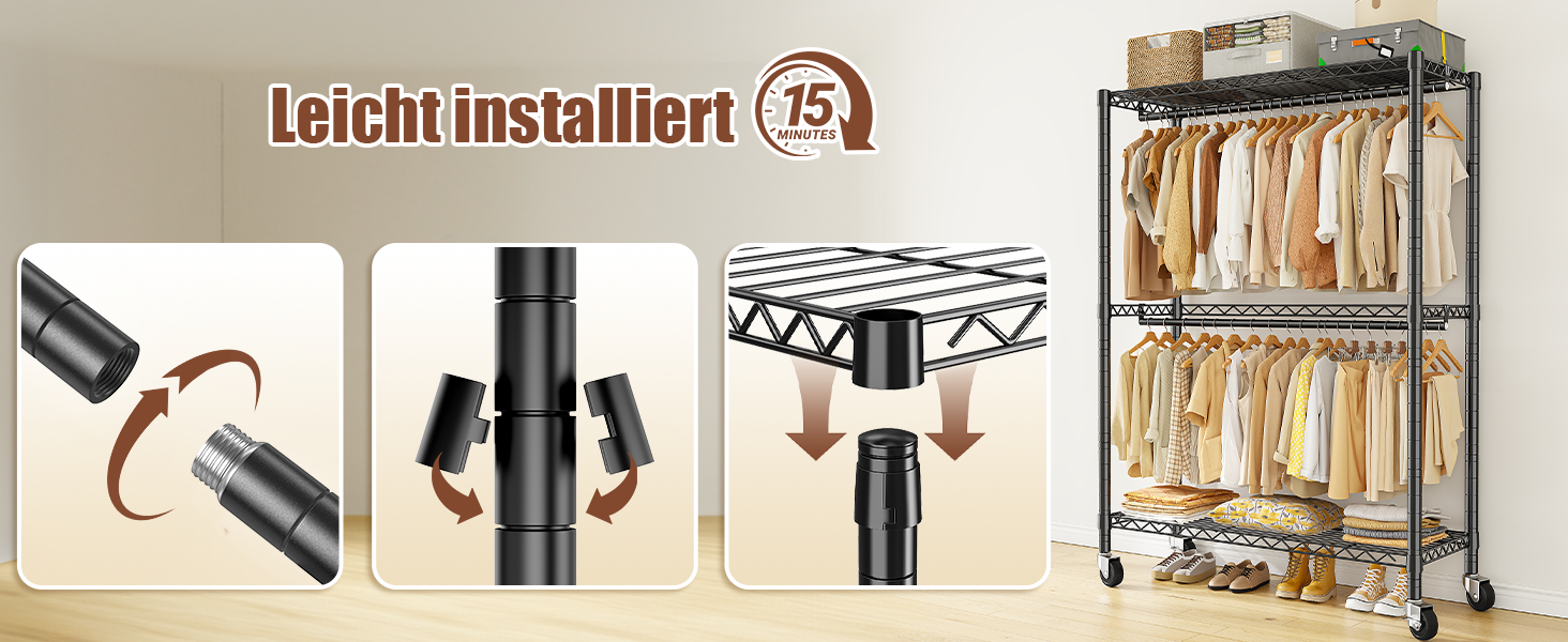 Вішалка для одягу на коліщатках 90x40x200 см, вантажопідйомність 150 кг, 2 висувні штанги, регульована полиця, великий об'єм для зберігання одягу, стабільна та мобільна