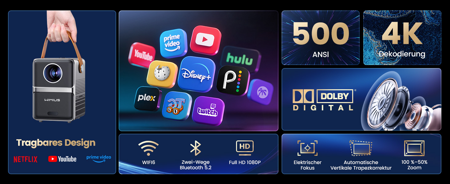 Mini проєктор Beamer 4K з WiFi 6, Dolby Audio та підтримкою Netflix | 1080P Full HD, інтегровані додатки, автоматичне фокусування, вертикальна корекція трапецеїдальних спотворень, короткофокусний, сріблясто-сірий