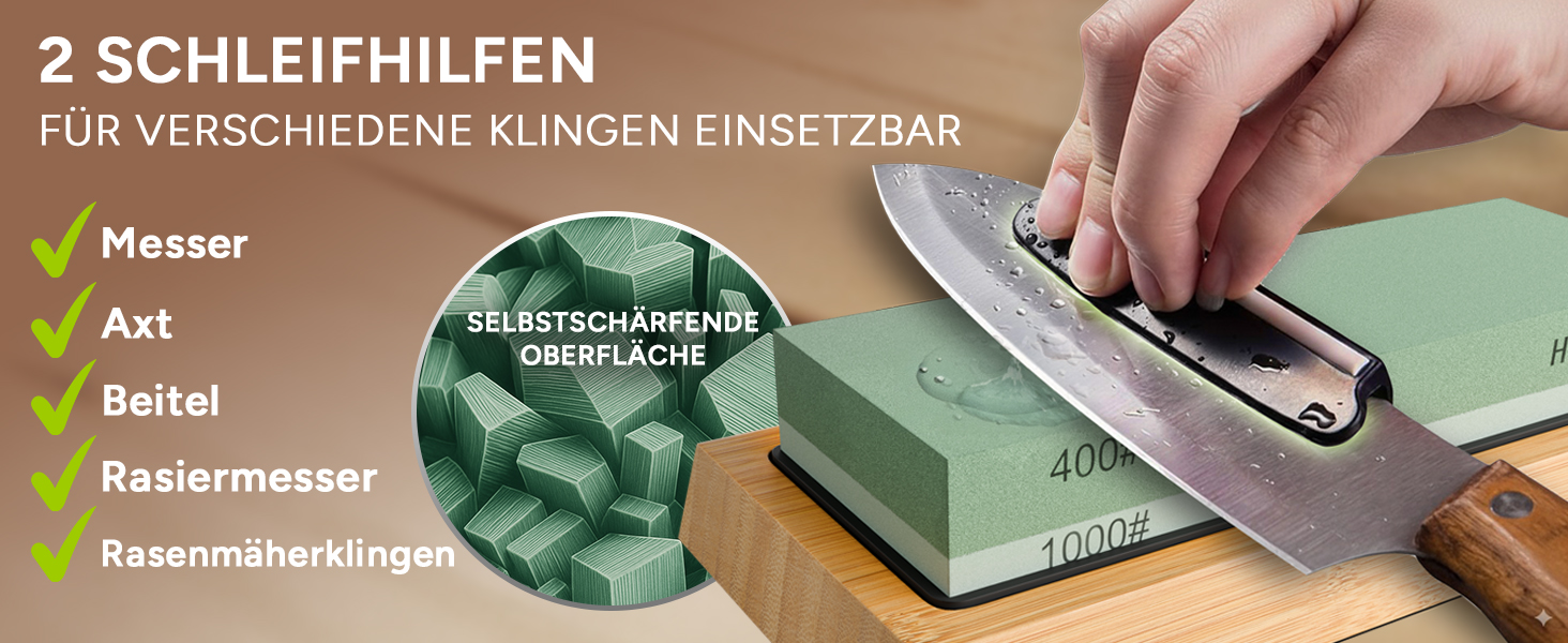 Набір для заточування ножів та інструментів Schleifstein: 400/1000/3000/8000 гріт, шкіра, кутник для заточування