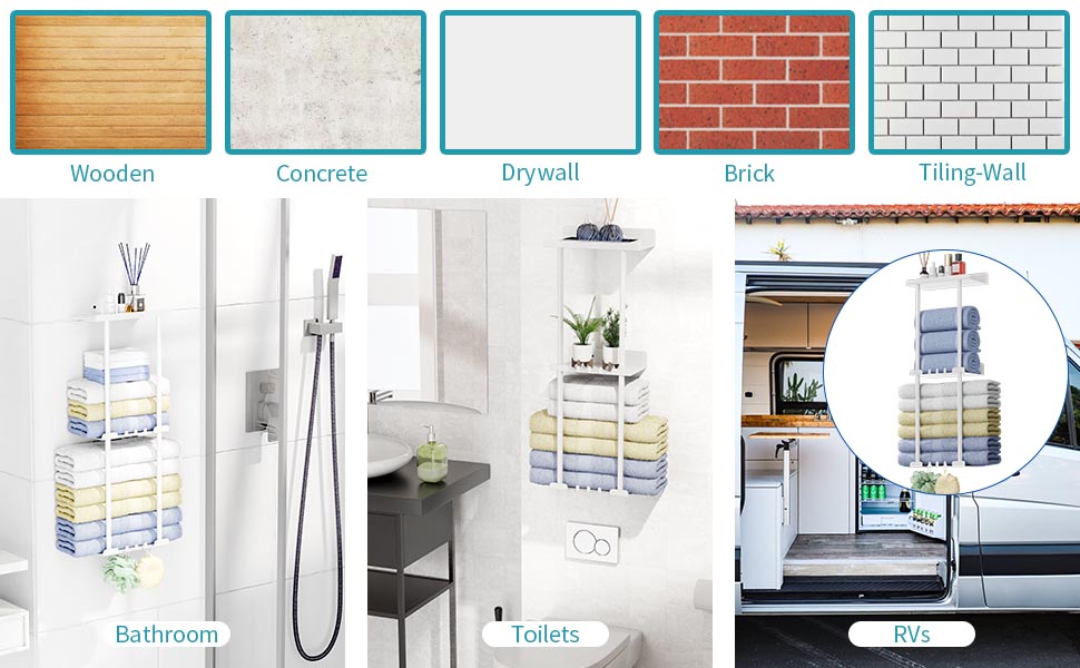 Тримач для рушників без свердління, настінний, з 6 гачками та полицею для ванної кімнати/кухні, матовий, для гостей, білий