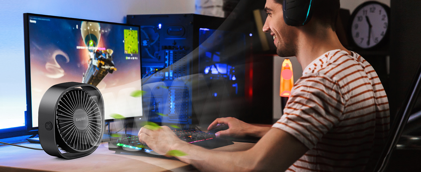 USB вентилятор EasyAcc: компактний, тихий, з 3 швидкостями та 360° обертанням для офісу та дому (чорний, прямокутний)