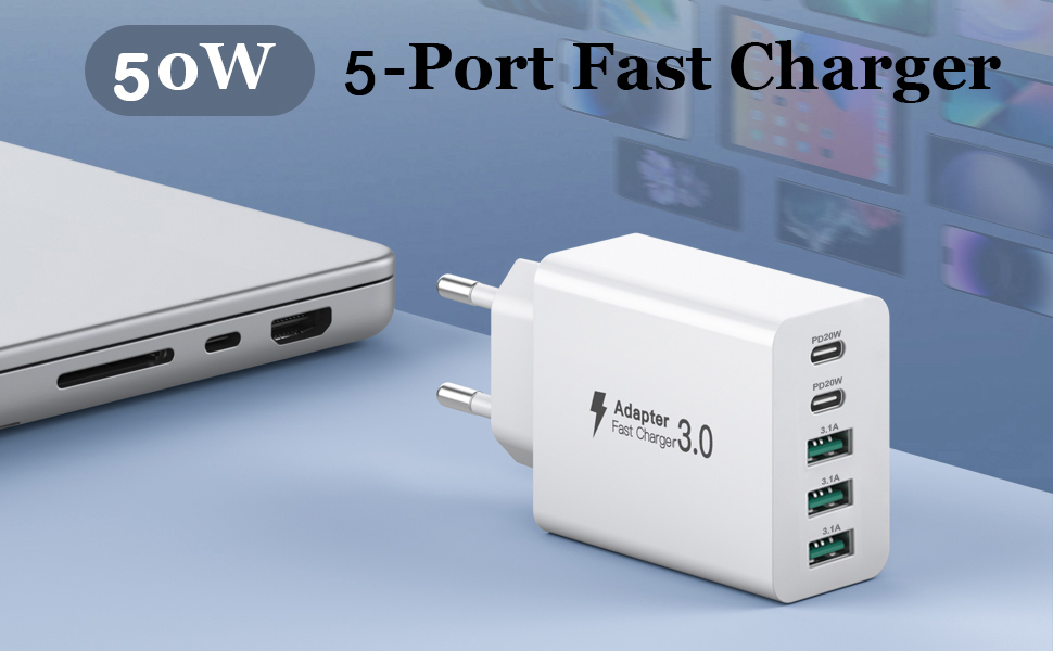 Зарядний пристрій USB-C 50W, 5 портів: 2 USB-C + 3 USB-A, Fast Charge PD 3.0, сумісний з iPhone, Samsung, планшетами - Білий