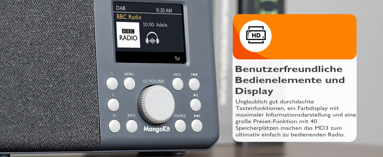 Портативне цифрове радіо MD3 DAB/DAB+/FM з Bluetooth, динаміком та навушниками, 40 станцій, будильник, годинник, таймер, кольоровий дисплей, батарея та мережа (темно-сірий)