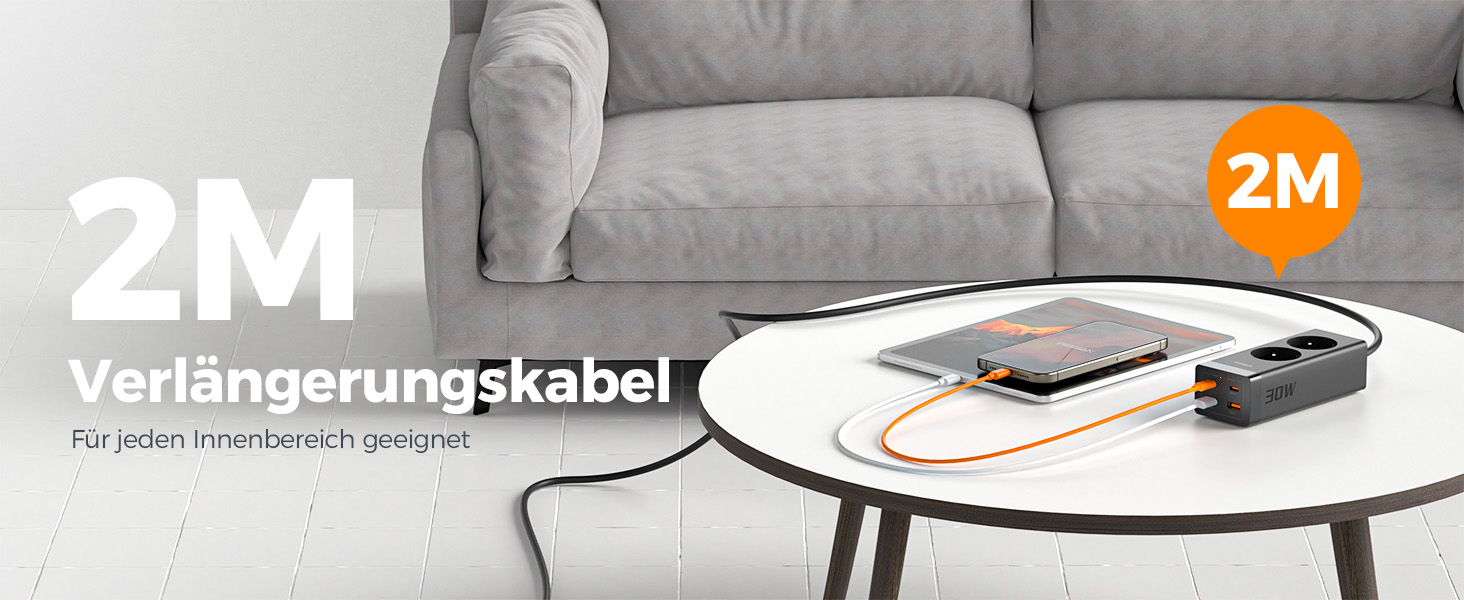 Мережевий фільтр TESSAN 30W USB-C з GaN, 2 розетки, кабель 2м, захист від перенапруги 3600W, чорний