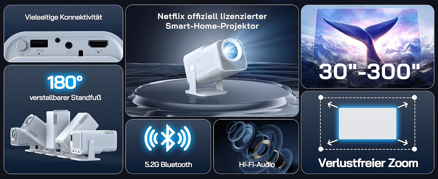 WOLFANG Міні проєктор 4K з Netflix, 26000 люмен, WiFi 6, Smart, 50% Zoom, корекція трапеції, 180° поворот, сумісний з TV Stick/iOS/Android/PC/PS5/HDMI/AV