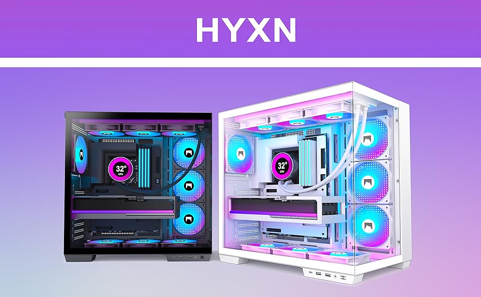 Корпус для ПК HYXN H1 ATX з 7 вентиляторами PWM ARGB, Mid Tower, Dual Chamber, Type-C, підтримка 3x360 мм кулерів (білий)