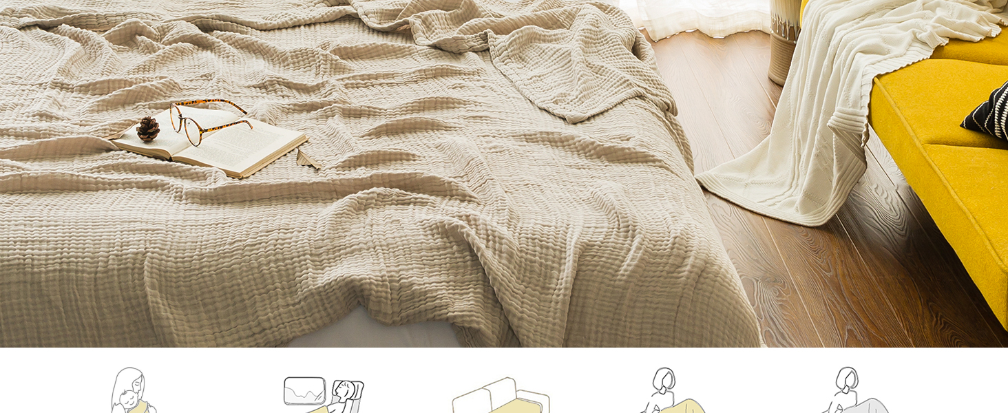 Плед EMME з 100% мусліну, 230 x 230 см: м'який, дихаючий, для дивану, бежевий | EMME