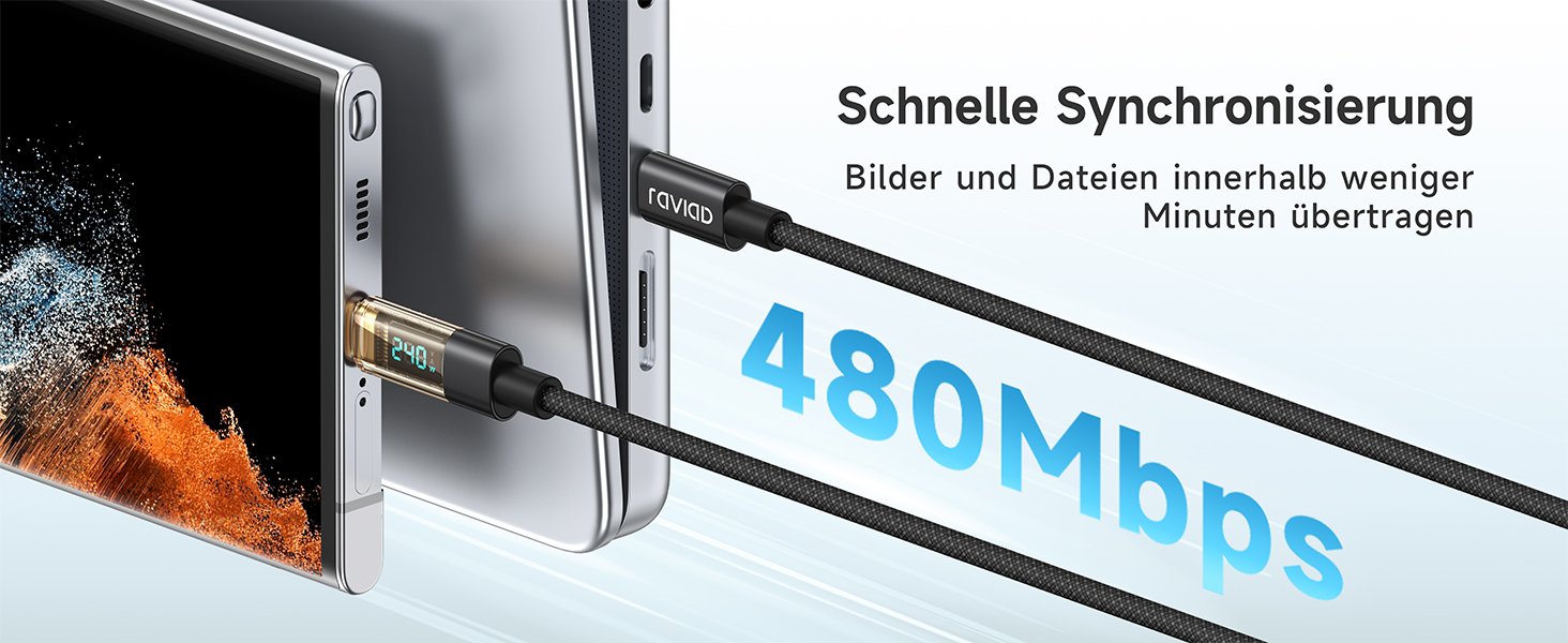 Кабель USB-C RAVIAD: Швидка зарядка PD3.1, нейлон, 0.5м, 240W, чорний. Сумісний з iPhone, Galaxy, Pixel, iPad, MacBookAir