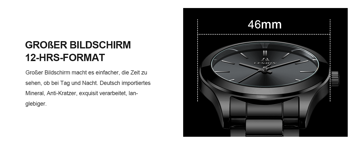Чоловічий годинник LN LENQIN з нержавіючої сталі, водостійкий (30м), кварцовий, аналоговий, для бізнесу та повсякденного носіння (01 - Чорний)