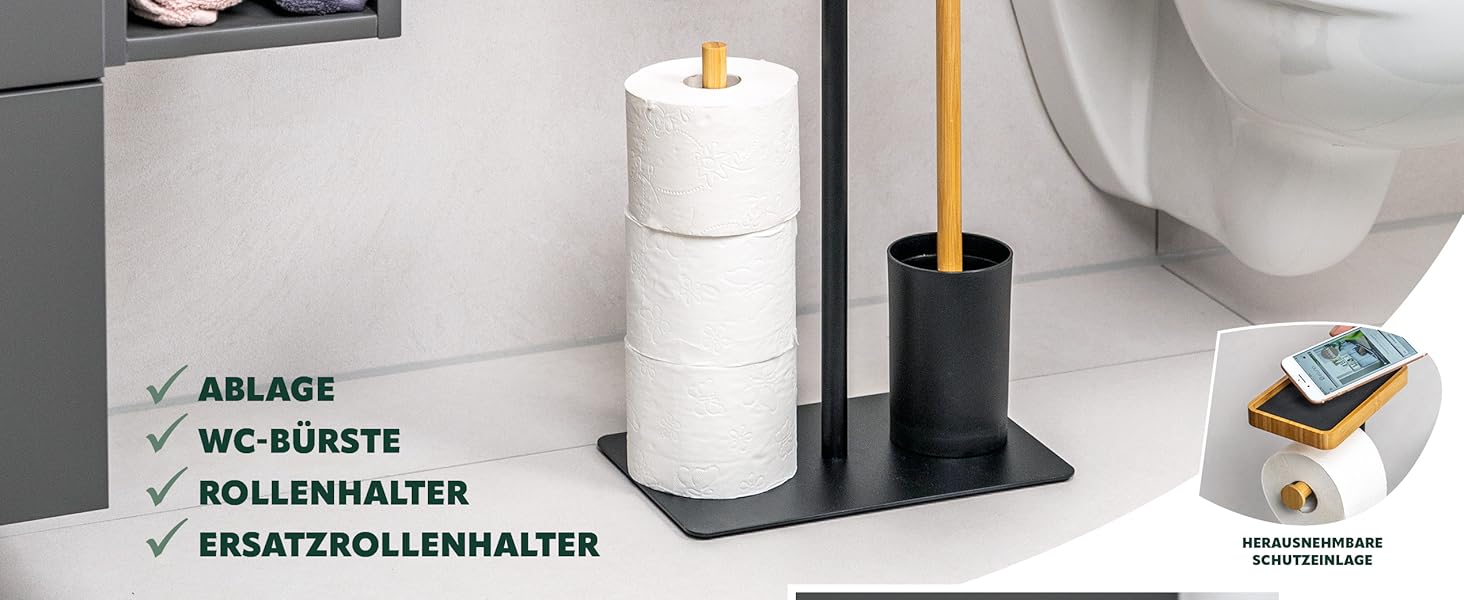 Набір для туалету Eluno 4в1: щітка для унітазу, тримач рулонів, полиця, бамбук/метал (білий)